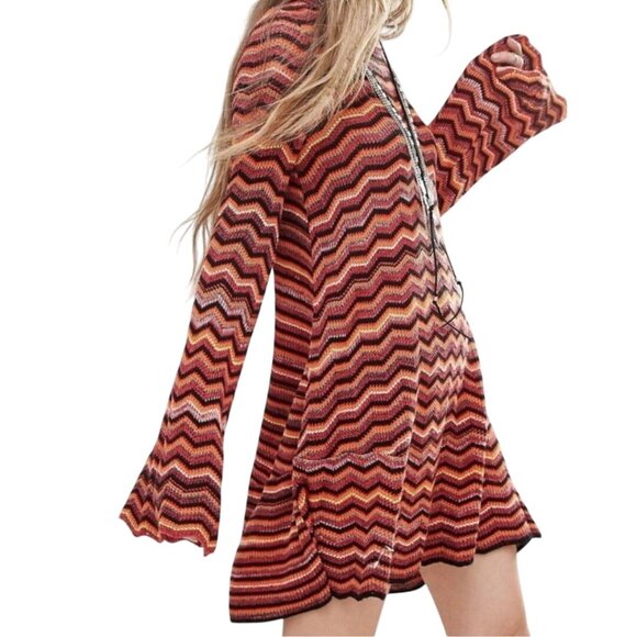 Free People Ziggy Chevron Bell Sleeve Sweater Dress Autumnal Retro Size M - Picture 5 of 12